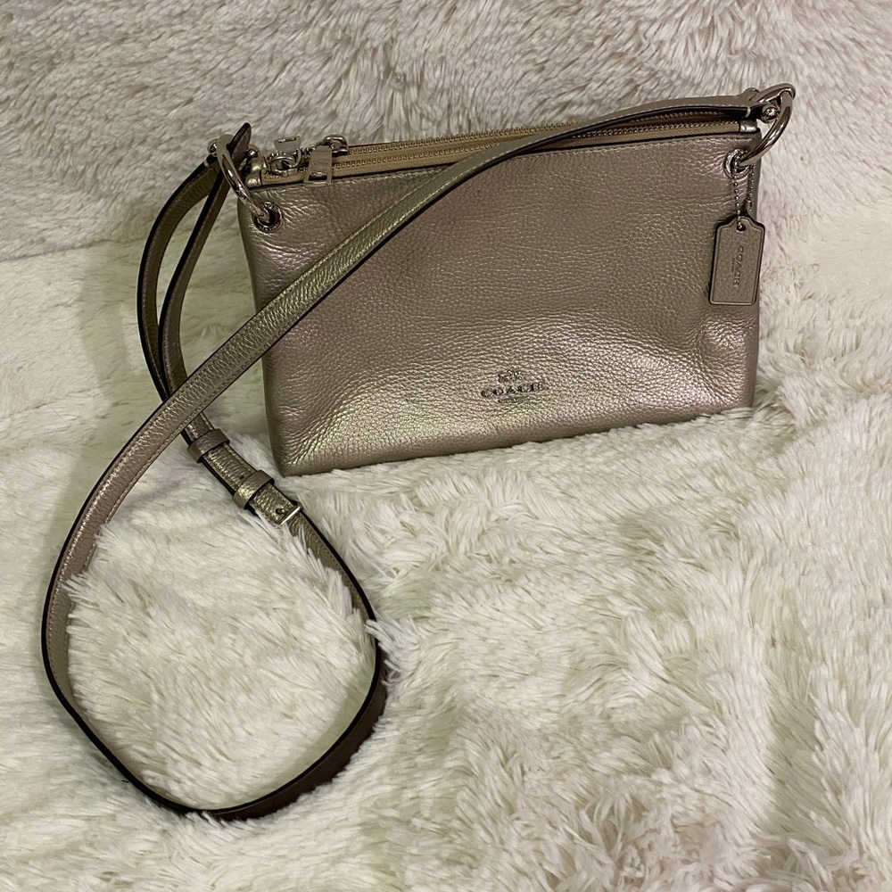 Coach Gold Pebbled Leather Double Zip Crossbody Bag Gem